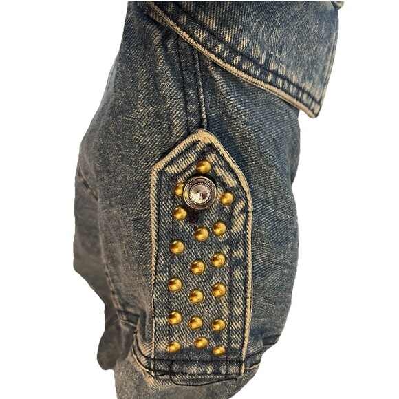 Vintage 80s Cropped Denim Jacket Studded Rhinestone Buttons USA Made Opal Size S - Picture 5 of 16
